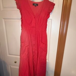 Lulu's Coral Midi Sundress with Flutter Sleeves and V-Neck